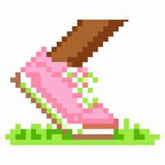 Fototapeta premium Pink pixel sneaker stepping on grass, retro video game 8 bit running shoe, athletic footwear, digital pixel art design