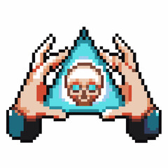 Fototapeta premium Pixel art hands forming illuminated triangle with eye in center digital symbol, mystical all seeing icon, retro gaming aesthetic