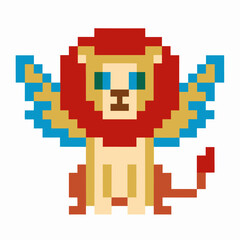 Pixel art mythical sphinx with red mane and blue wings, sitting in symmetrical pose, retro video game fantasy icon