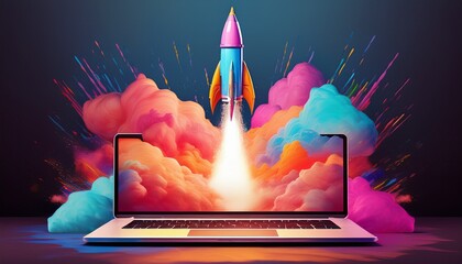 a rocket is ascending from an open laptop with vivid clouds of pink blue and orange surrounding it this artwork represents the merging of technology and imagination showcasing innovation
