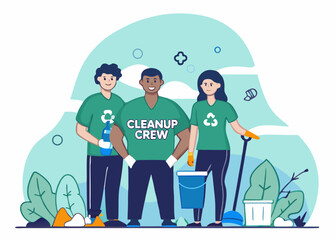 Cartoon Illustration of Diverse Cleanup Crew Volunteers with Cleaning Supplies and Recycle Symbol
