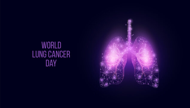 World Lung Cancer Day concept. Banner template with glowing low poly lungs. Futuristic modern abstract. Isolated on dark background. Vector illustration