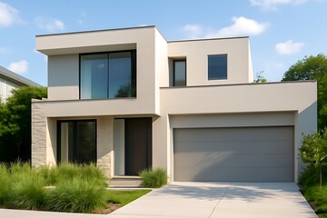 Exterior view of a modern two story house with large windows and a gray garage door on a sunny day