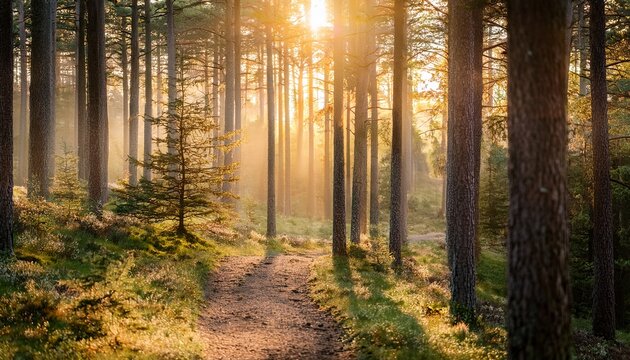 golden sunlight filters through pine trees onto a quiet woodland trail a warm serene forest scene with cinematic depth and calm