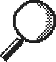 Pixel art magnifying glass searching concept black and white retro digital icon, analysis or exploration symbol, simple design