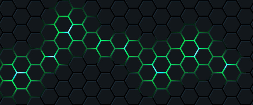 Dark technology hexagonal vector abstract background. Green bright energy flashes under hexagon in dark technology futuristic modern background vector illustration. Gray honeycomb texture grid.