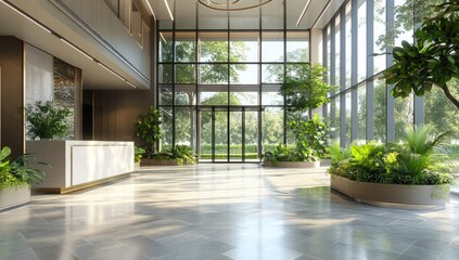 Modern, spacious lobby with abundant greenery. Sunlight streams through large windows, illuminating the polished floors and potted plants. A sleek reception desk anchors the space