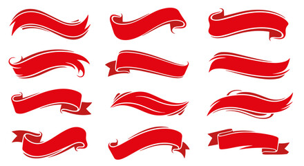 Set of red ribbons isolated on transparent or white background, vector illustration. Collection of curled banners with blank space, perfect for banners, tags, labels, gift cards and holiday designs