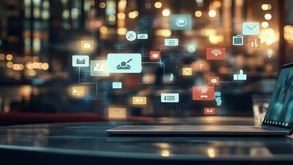 Laptop on reflective surface with overlaid data connection icons and bokeh background - Powered by Adobe