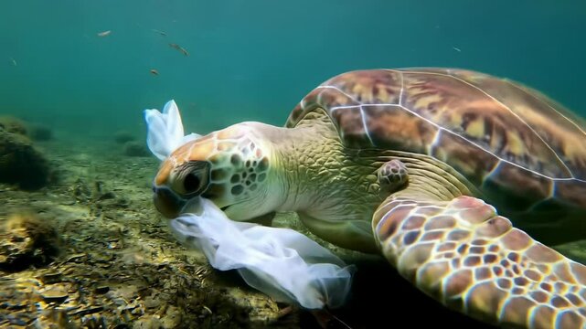 Sea turtle struggles to remove plastic bag from head while swimming underwater in coral reef