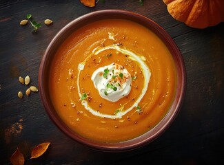 Creamy pumpkin soup in rustic bowl, garnished with cream, herbs, and seeds.