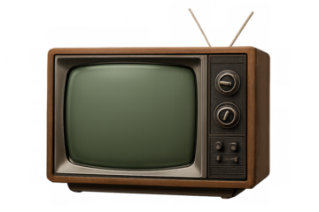 Retro television set featuring a wooden frame and analog dials, isolated on a transparent background. Classic design evokes nostalgia