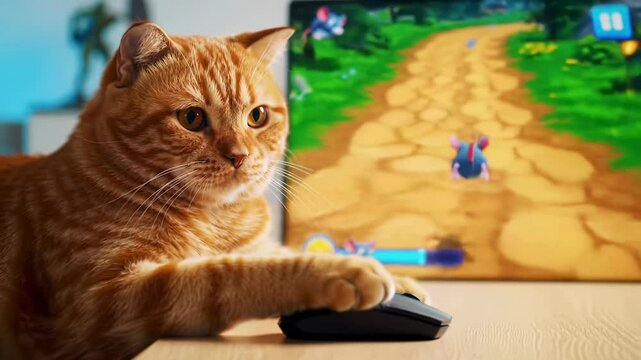 Adorable cat engages in gaming activity playing Catch the Mouse at home