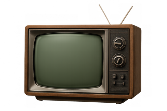 Retro television set featuring a wooden frame and analog dials, isolated on a transparent background. Classic design evokes nostalgia