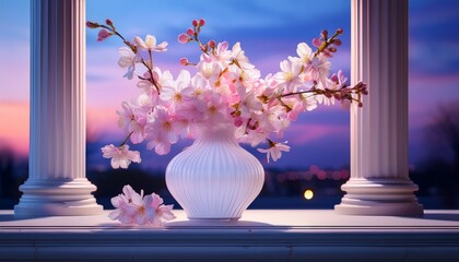 gentle spring bouquet delicate pink cherry blossoms arranged in a white translucent vase on a table the background features classical columns and a twilight sky blue and purple tones style artwork