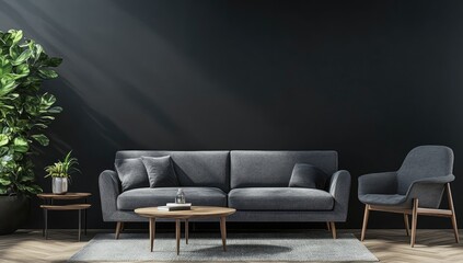 Dark, modern living room with sofa, chair, and plants. Sunlight streams in