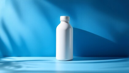 white bottle bright blue backdrop with shade photo realistic eye level shot minimal design soft shadows