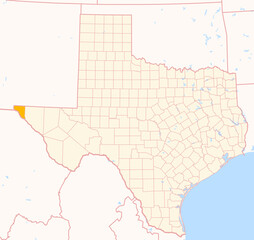 Map of the County El Paso (Texas, US) showing the Federal State with the highlighted County