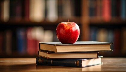 Red apple on books in a library