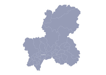 グレー色の日本地図, 岐阜県の行政区分付き地図, Gray map of Japan, Gifu prefecture