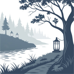 Fototapeta premium Illustration of a serene landscape with a river, trees, lanterns, and a misty forest background scene