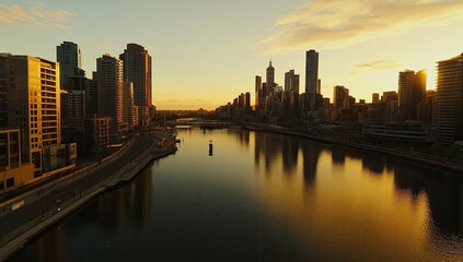 Fototapeta premium Golden sunrise over a city river. Skyscrapers and buildings line the waterfront, reflected in the calm water