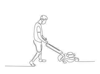 Gardener holding lawn mower in single outline illustration. Continuous line art drawing of man holding grass cutter machine.