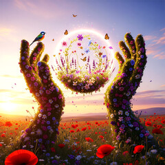 colorful hand print 🌸 Nature&rsquo;s Grasp: Floral Hands Holding Light Amid Butterflies and Sunset Bloom 🌅