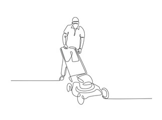 Gardener holding lawn mower in single outline illustration. Continuous line art drawing of man holding grass cutter machine.
