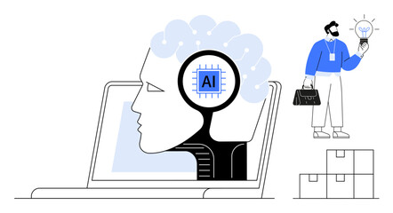 Human head design with AI chip on laptop symbolizes technology thinking. Man holds lightbulb for innovative ideas with business execution theme. Ideal for AI, tech, analytics, and problem-solving