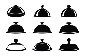 Collection of nine distinct black and white silhouette icons representing various styles of serving cloches or food covers with different handles