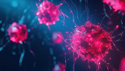 Microscopic, vibrant, pink cells.  Dark background