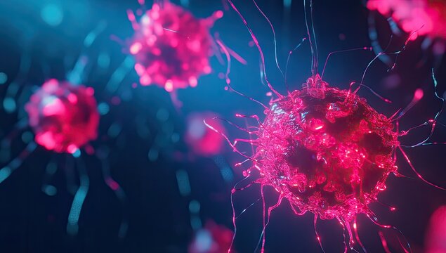 Microscopic, vibrant, pink cells. Dark background - Powered by Adobe