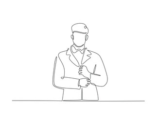 Cool man pose wih crossed arms in single outline illustration. Continuous line art drawing of cool man, doctor, businessman.