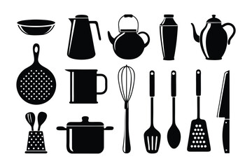 Essential Culinary Toolkit: A minimalist collection of kitchenware silhouettes, including essential utensils and cookware. Capturing the essence of culinary arts.
