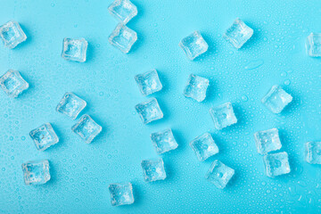 Mint and ice on texture background. Green fresh mint and ice cube. Mint leaves, ice cube and water...