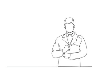 Cool man pose wih crossed arms in single outline illustration. Continuous line art drawing of cool man, doctor, businessman.