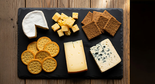 Assorted Gourmet Cheese and Cracker Board. Top View of Various Cheeses and Crackers on a Dark Slate Platter, Perfect for Appetizers.