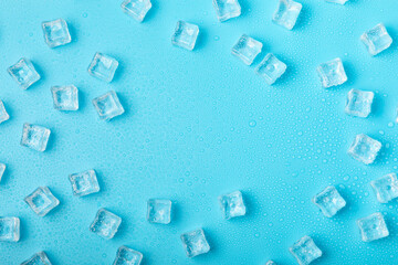 Mint and ice on texture background. Green fresh mint and ice cube. Mint leaves, ice cube and water...