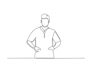 Cool man pose wih hands in the pocket in single outline illustration. Continuous line art drawing of cool man, doctor, businessman.
