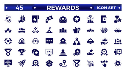 Reward solid icon set. Success icon, Contains icons prize, trophy, winner, gift, bonus card illustration. Set of Winner medal, cup and Laurel wreath award icons. Award line Reward, Certificate.
