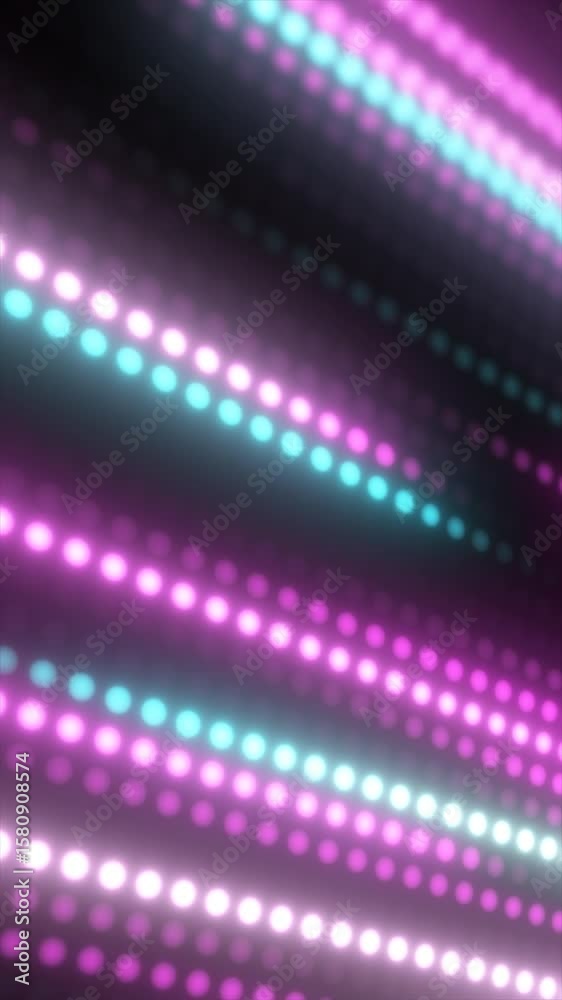 Poster abstract diagonal lines of glowing pink, white, and cyan dots on a dark background creating a digita