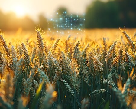 A wheat field with a futuristic smart grid overlay