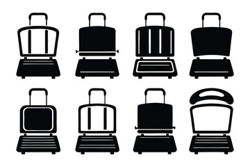 Collection of eight black silhouette icons depicting various styles of sandwich makers and panini presses with open and closed designs