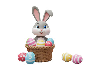 Isolated Easter Bunny with Eggs in Basket