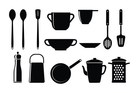 Culinary Essentials: A silhouetted assortment of kitchen utensils, each element representing the artistry of gastronomy, inviting viewers to a realm of culinary creativity and practical cooking.