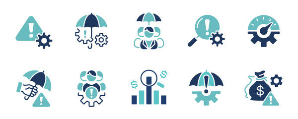 business risk analysis management icon set finance umbrella shield warning alert safety protection signs vector assessment strategy threat level control symbol illustration