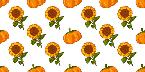 Sunflowers and Pumpkins Seamless Pattern. Sunflowers and pumpkins arranged in a repeating autumn pattern. Cartoon illustration in warm tones on white background, seamless design.