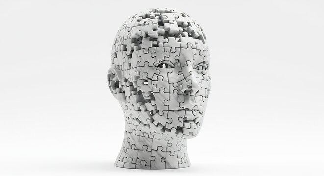 A human head sculpture constructed from numerous white marblelike jigsaw puzzle pieces with visible gaps