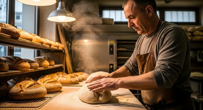 Baker shaping dough in bakery, great for food blogs and restaurant menus